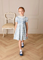 Audrey Toile Hand Smocked Ruffle Collar Short Sleeve Dress in Blue (12mths- 10yrs) DRESSES from Pepa London US