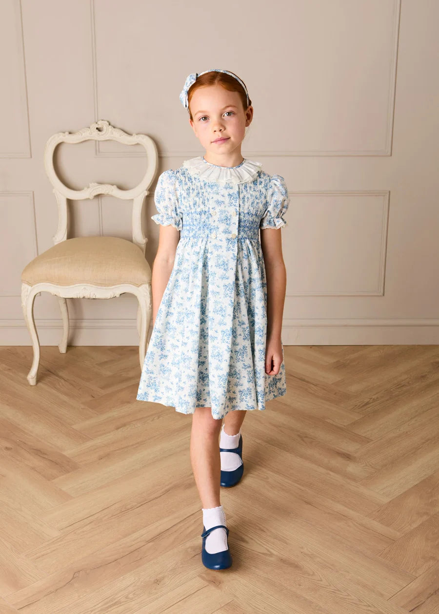 Audrey Toile Hand Smocked Ruffle Collar Short Sleeve Dress in Blue (12mths- 10yrs) DRESSES from Pepa London US