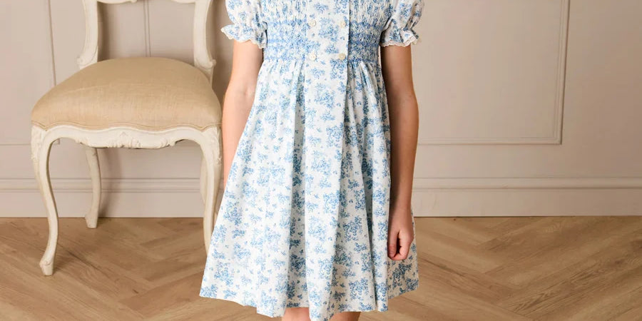 Audrey Toile Hand Smocked Ruffle Collar Short Sleeve Dress in Blue (12mths- 10yrs) DRESSES from Pepa London US