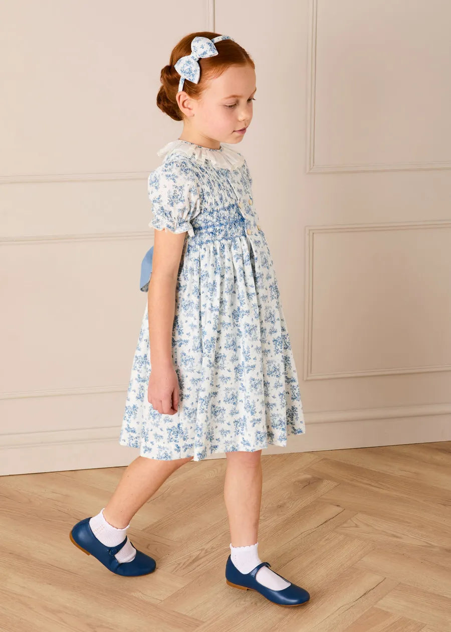 Audrey Toile Hand Smocked Ruffle Collar Short Sleeve Dress in Blue (12mths- 10yrs) DRESSES from Pepa London US