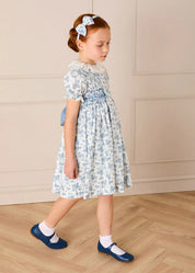 Audrey Toile Hand Smocked Ruffle Collar Short Sleeve Dress in Blue (12mths- 10yrs) DRESSES from Pepa London US