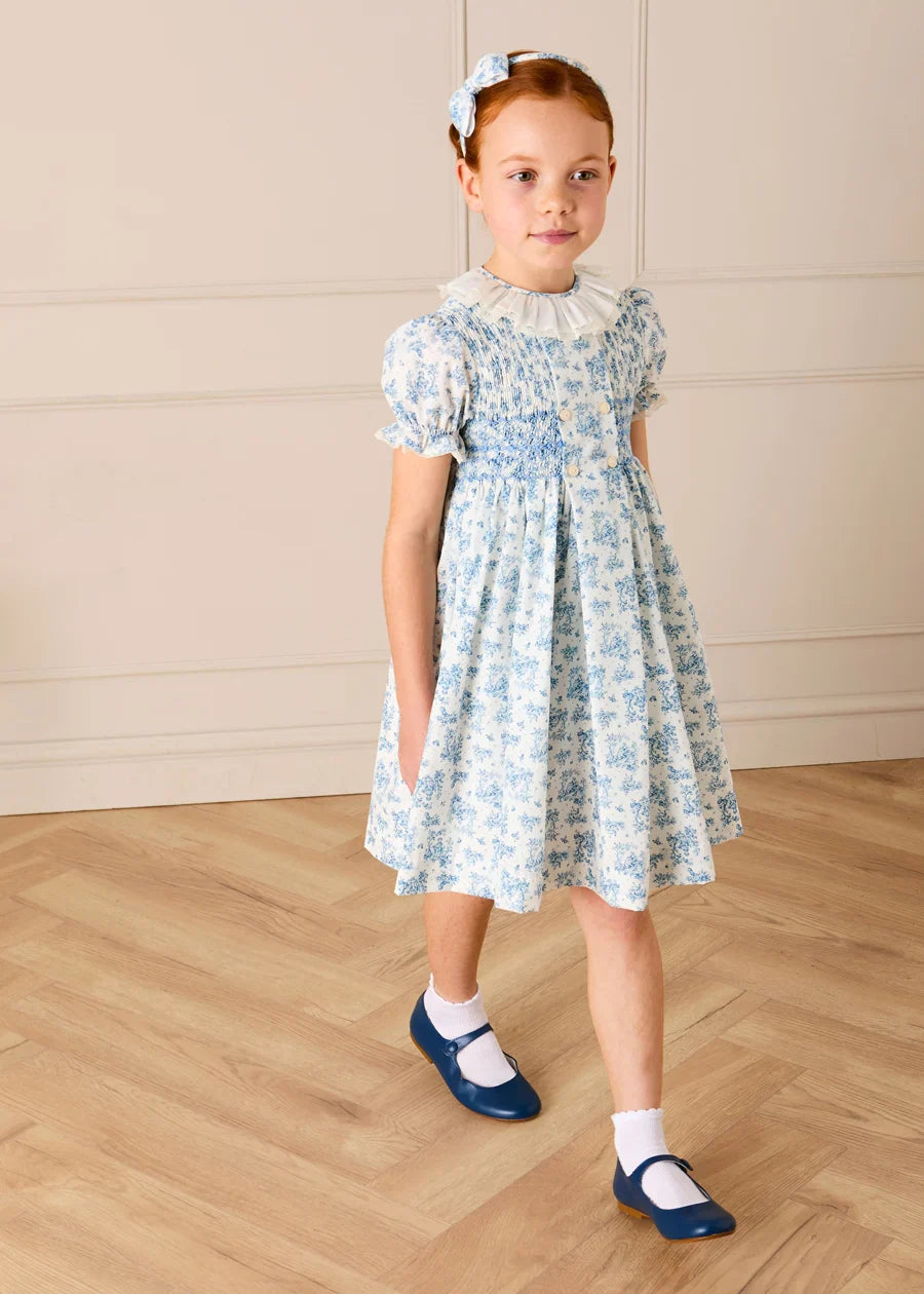 Audrey Toile Hand Smocked Ruffle Collar Short Sleeve Dress in Blue (12mths- 10yrs) DRESSES from Pepa London US