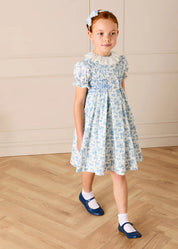 Audrey Toile Hand Smocked Ruffle Collar Short Sleeve Dress in Blue (12mths- 10yrs) DRESSES from Pepa London US