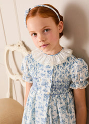 Audrey Toile Hand Smocked Ruffle Collar Short Sleeve Dress in Blue (12mths- 10yrs) DRESSES from Pepa London US