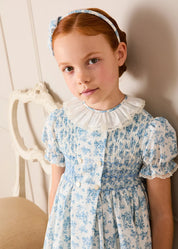 Audrey Toile Hand Smocked Ruffle Collar Short Sleeve Dress in Blue (12mths- 10yrs) DRESSES from Pepa London US