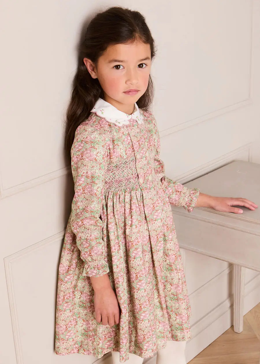 Viola Floral Hand Smocked Double Breasted Embroidered Collar Dress in Green (12mths-10yrs) Dresses from Pepa London US