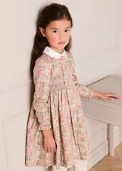 Viola Floral Hand Smocked Double Breasted Embroidered Collar Dress in Green (12mths-10yrs) Dresses from Pepa London US