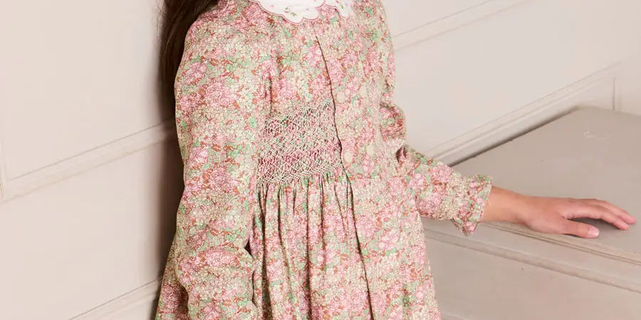 Viola Floral Hand Smocked Double Breasted Embroidered Collar Dress in Green (12mths-10yrs) Dresses from Pepa London US