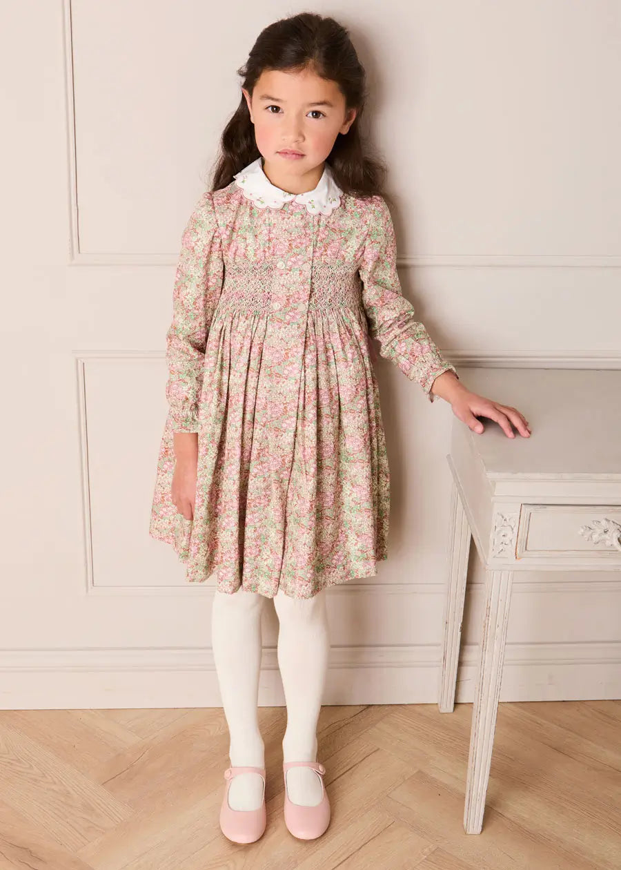 Viola Floral Hand Smocked Double Breasted Embroidered Collar Dress in Green (12mths-10yrs) Dresses from Pepa London US