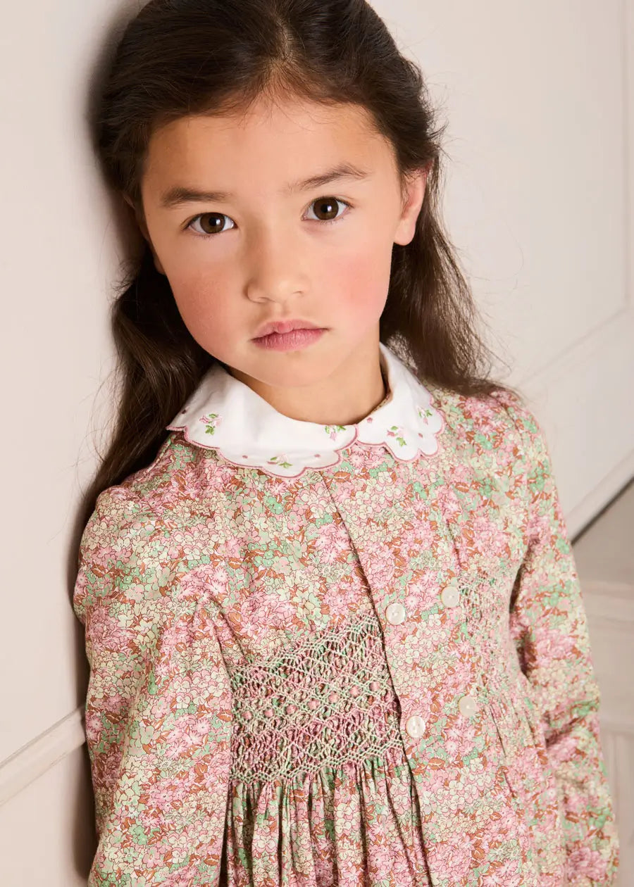 Viola Floral Hand Smocked Double Breasted Embroidered Collar Dress in Green (12mths-10yrs) Dresses from Pepa London US