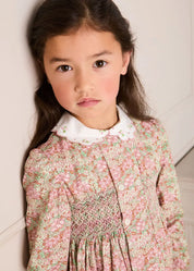 Viola Floral Hand Smocked Double Breasted Embroidered Collar Dress in Green (12mths-10yrs) Dresses from Pepa London US
