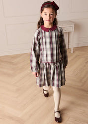 Whittaker Check Long Sleeve Pleated Dress in Burgundy (18mths-12yrs) Dresses from Pepa London US