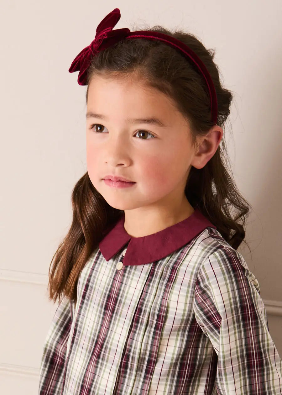 Whittaker Check Long Sleeve Pleated Dress in Burgundy (18mths-12yrs) Dresses from Pepa London US