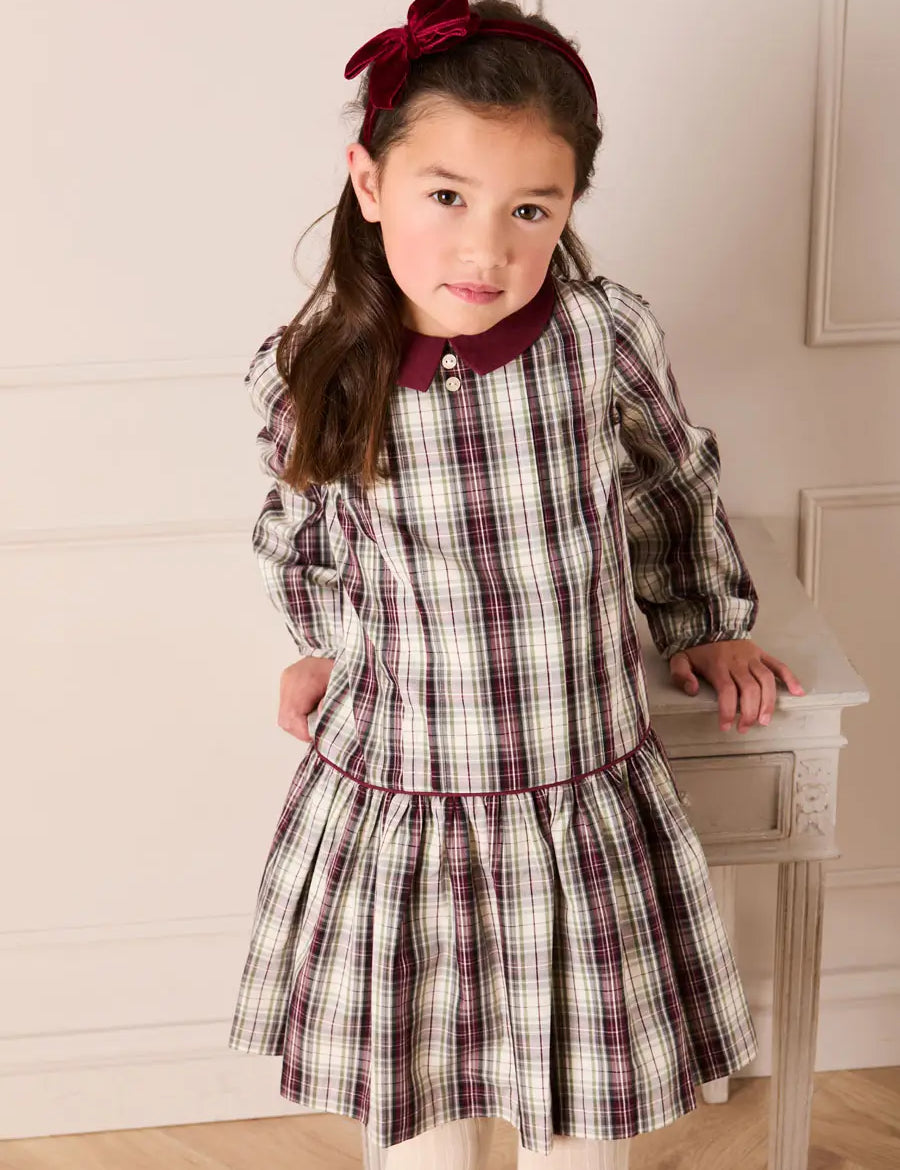 Whittaker Check Long Sleeve Pleated Dress in Burgundy (18mths-12yrs) Dresses from Pepa London US