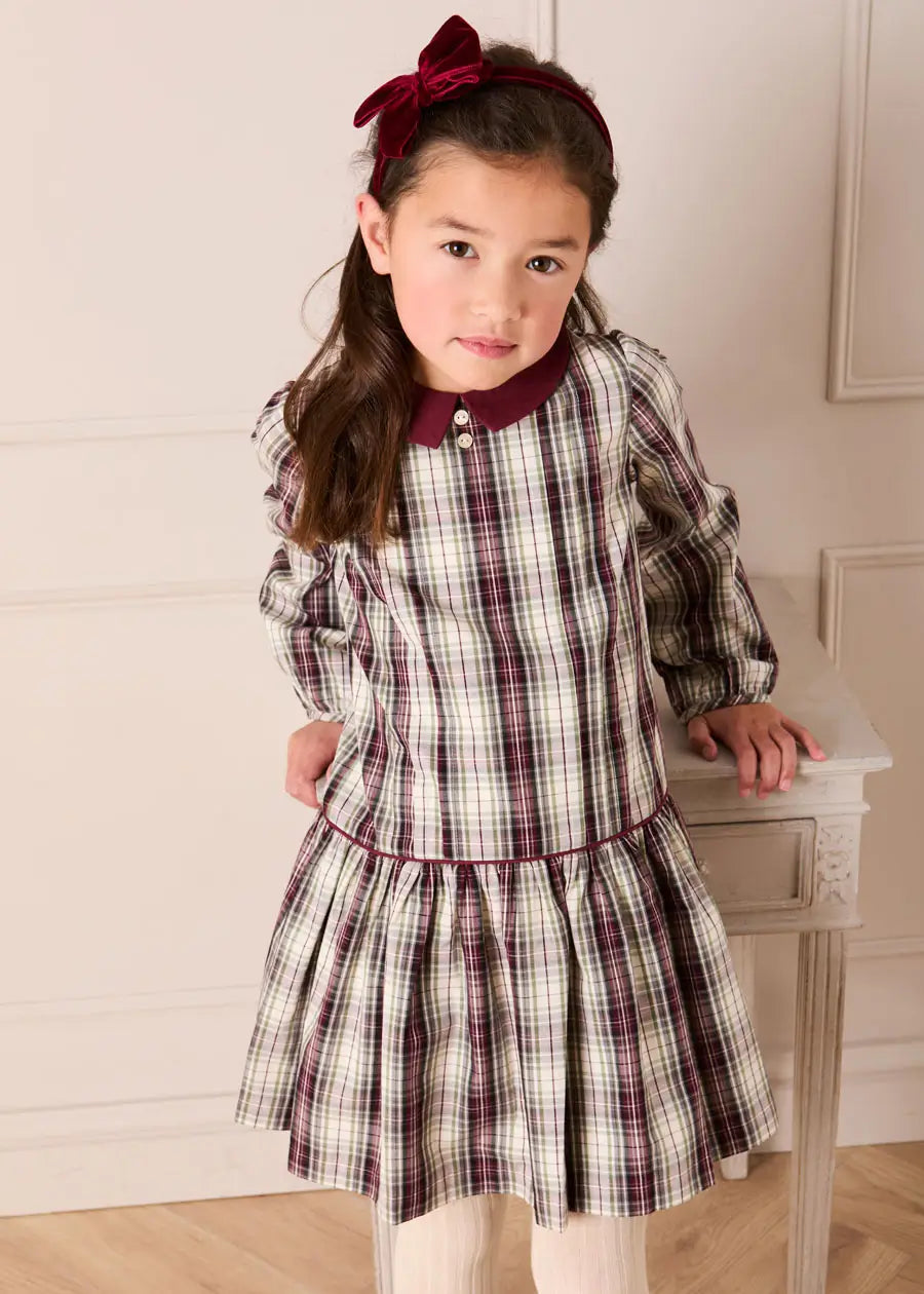 Whittaker Check Long Sleeve Pleated Dress in Burgundy (18mths-12yrs) Dresses from Pepa London US