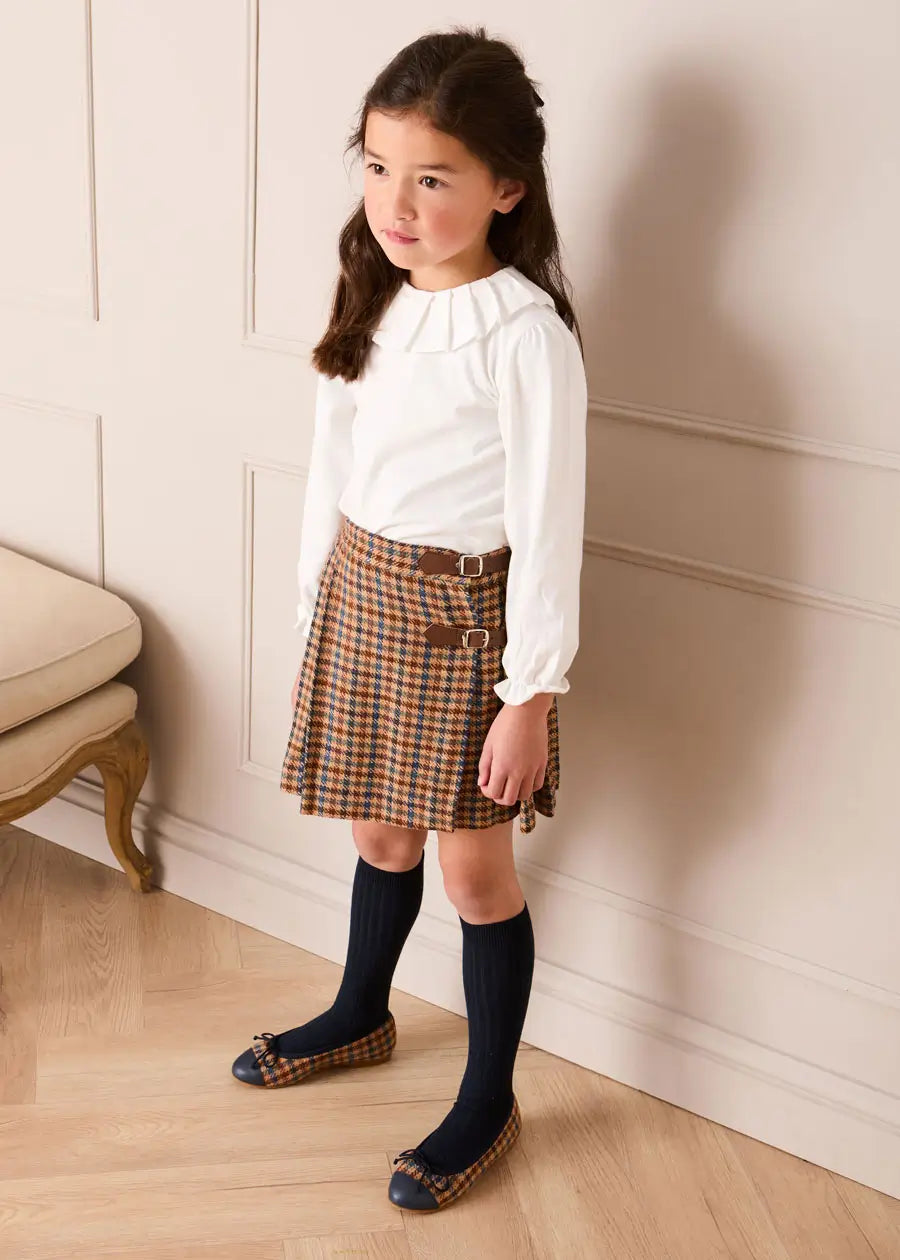 Vincent Check Buckle Detail Pleated Skirt in Brown (2-12yrs) Skirts from Pepa London US