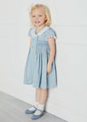 Hand Smocked Embroidered Collar Short Sleeve Dress in Blue (12mths-10yrs) Dresses from Pepa London US