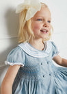 Hand Smocked Embroidered Collar Short Sleeve Dress in Blue (12mths-10yrs) Dresses from Pepa London US