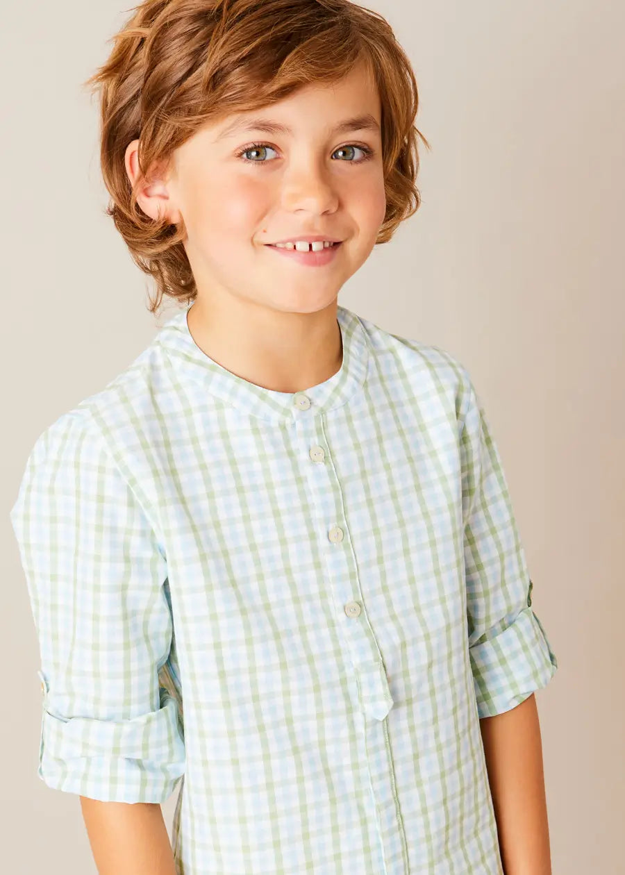 Maxwell Gingham Mao Collar Long Sleeve Shirt in Green (3-10yrs) SHIRTS from Pepa London US