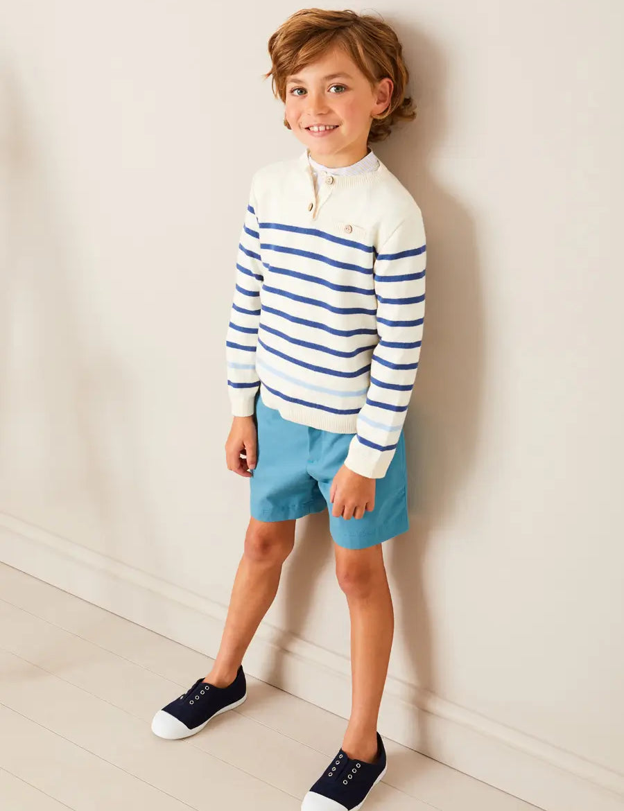 Striped Crewneck Button Detail Jumper in Blue (12mths-10yrs) Knitwear from Pepa London US