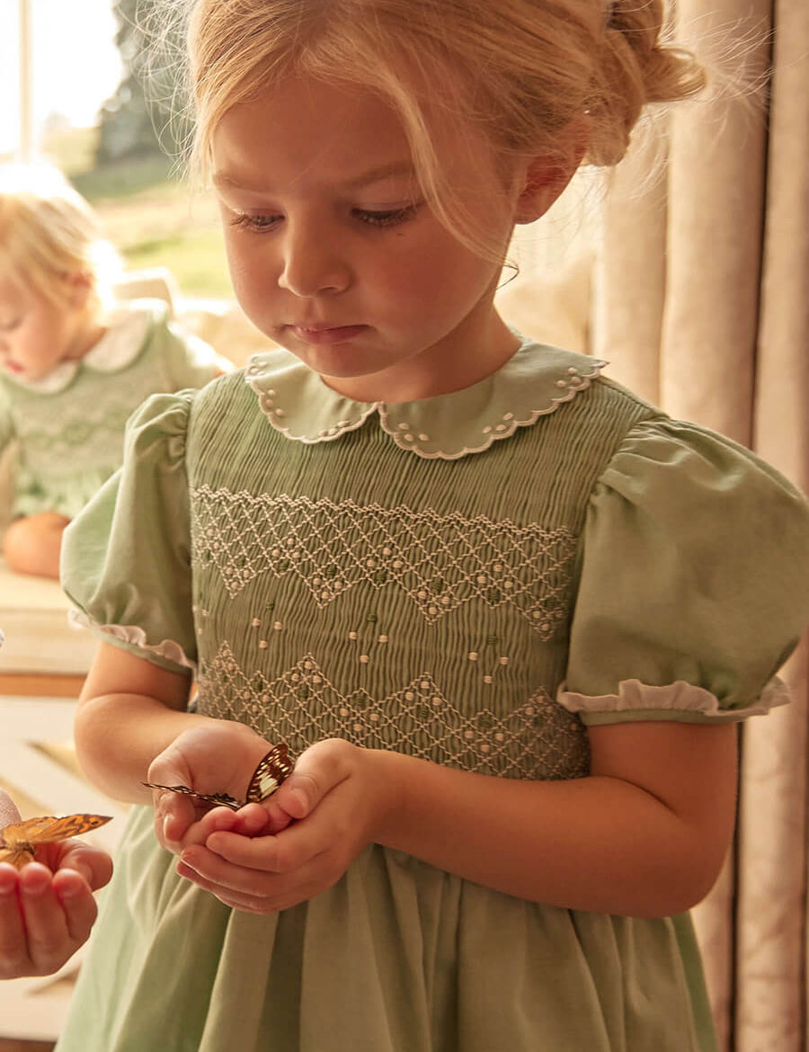 Hand Smocked Peter Pan Collar Short Sleeve Dress in Green (12mths-10yrs) Dresses from Pepa London US
