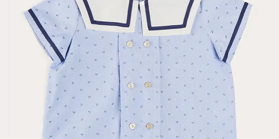 Lyall Stripe Anchor Motif Mariner Collar Short Sleeve Shirt in Blue (12mths-6yrs) SHIRTS from Pepa London US