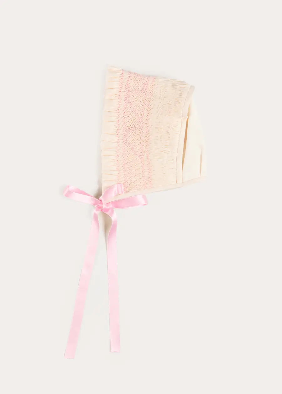 Off White and Pink Hand Smocked Baby Bonnet BONNETS from Pepa London US