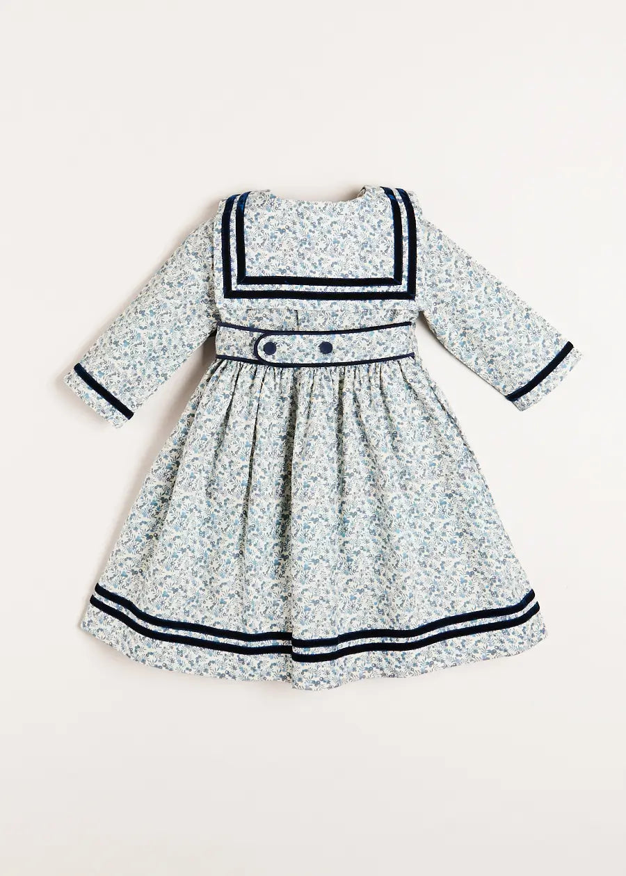 Evelyn Floral Mariner Collar Long Sleeve Dress in Blue (18mths-10yrs) Dresses from Pepa London US