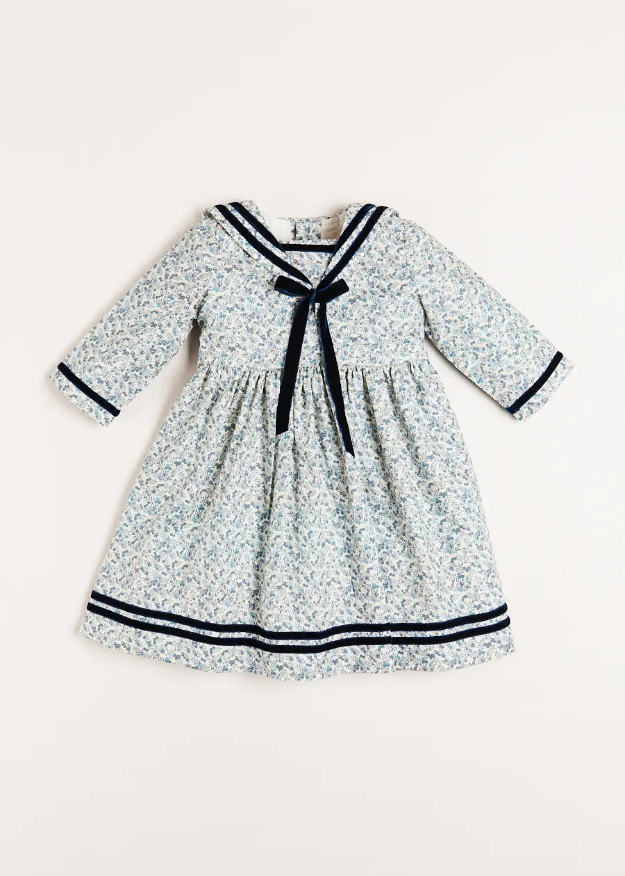 Evelyn Floral Mariner Collar Long Sleeve Dress in Blue (18mths-10yrs) Dresses from Pepa London US