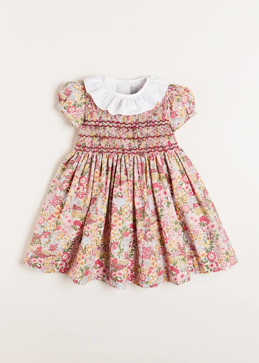Florence Floral Hand Smocked Short Sleeve Dress in Pink (18mths-10yrs) DRESSES from Pepa London US