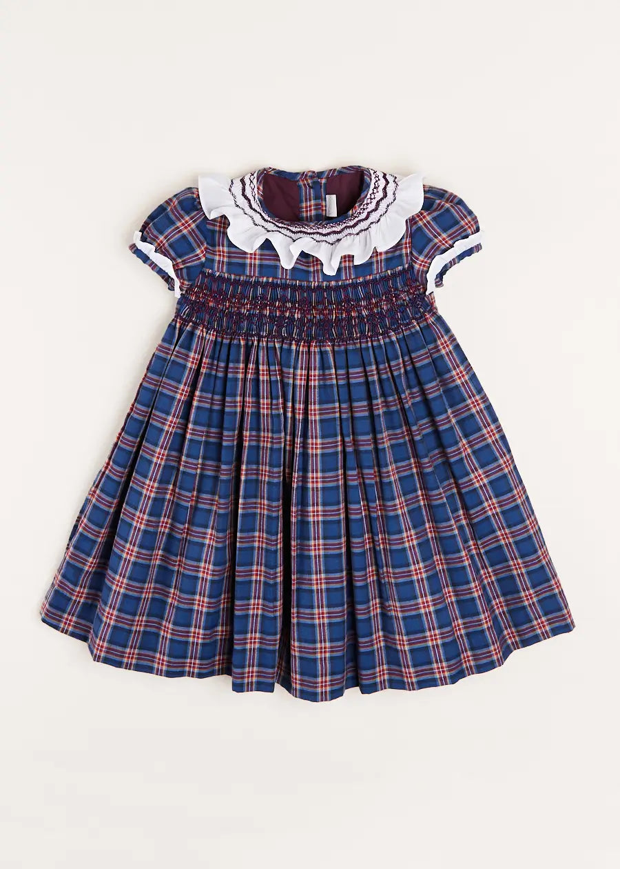 Eaton Checked Hand Smocked Short Sleeve Dress in Navy (12mths-10yrs) Dresses from Pepa London US