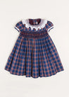 Eaton Checked Hand Smocked Short Sleeve Dress in Navy (12mths-10yrs) Dresses  from Pepa London US