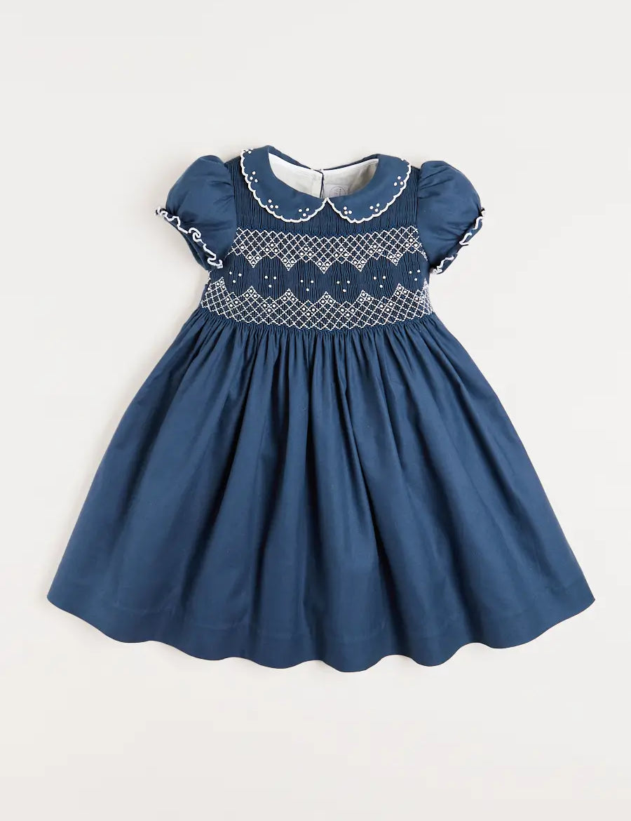 Hand Smocked Shortsleeve Dress in Royal Blue (12mths-10yrs) Dresses from Pepa London US
