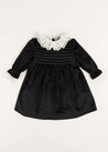 Velvet Smocked Lace Collar Long Sleeve Dress in Black (2-10yrs) Dresses from Pepa London US