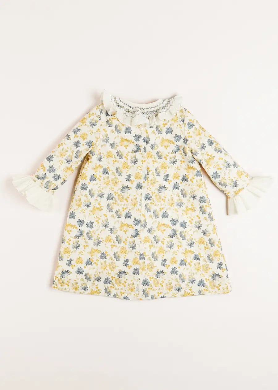 Eliza Floral Hand Smocked Long Sleeve Dress in Beige (2-10yrs) Dresses from Pepa London US