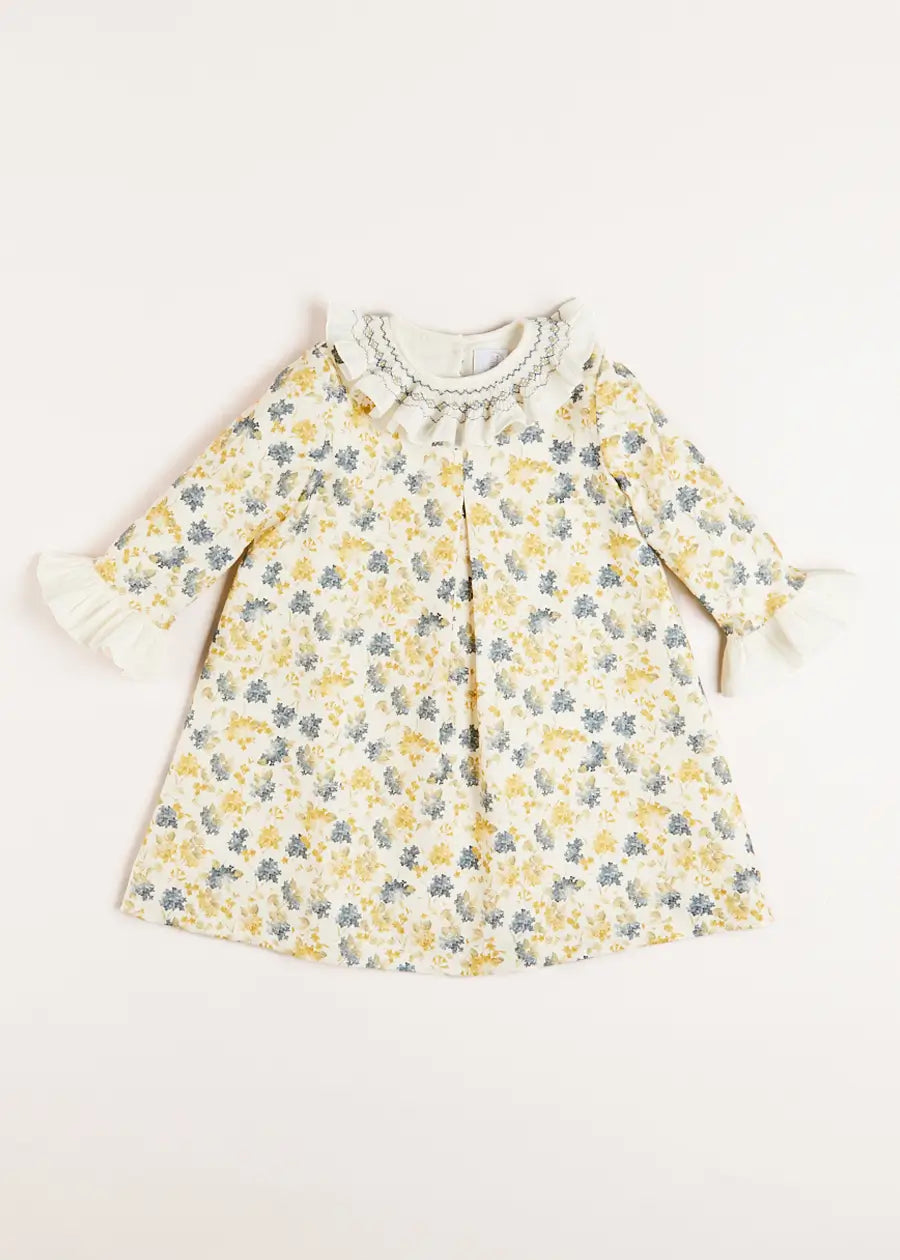 Eliza Floral Hand Smocked Long Sleeve Dress in Beige (2-10yrs) Dresses from Pepa London US