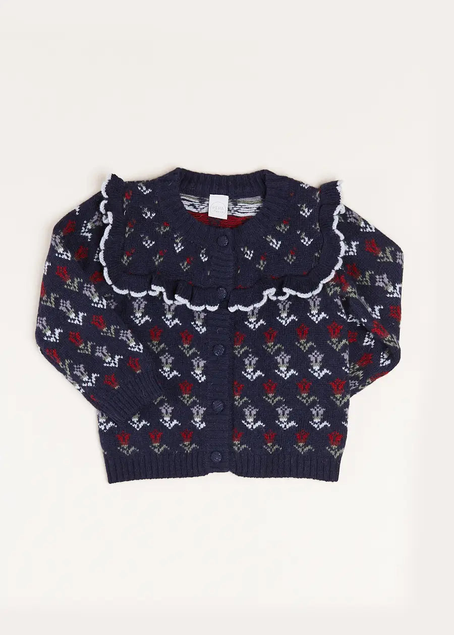 Floral Ruffle Bib Cardigan in Blue (2-10yrs) Knitwear from Pepa London US