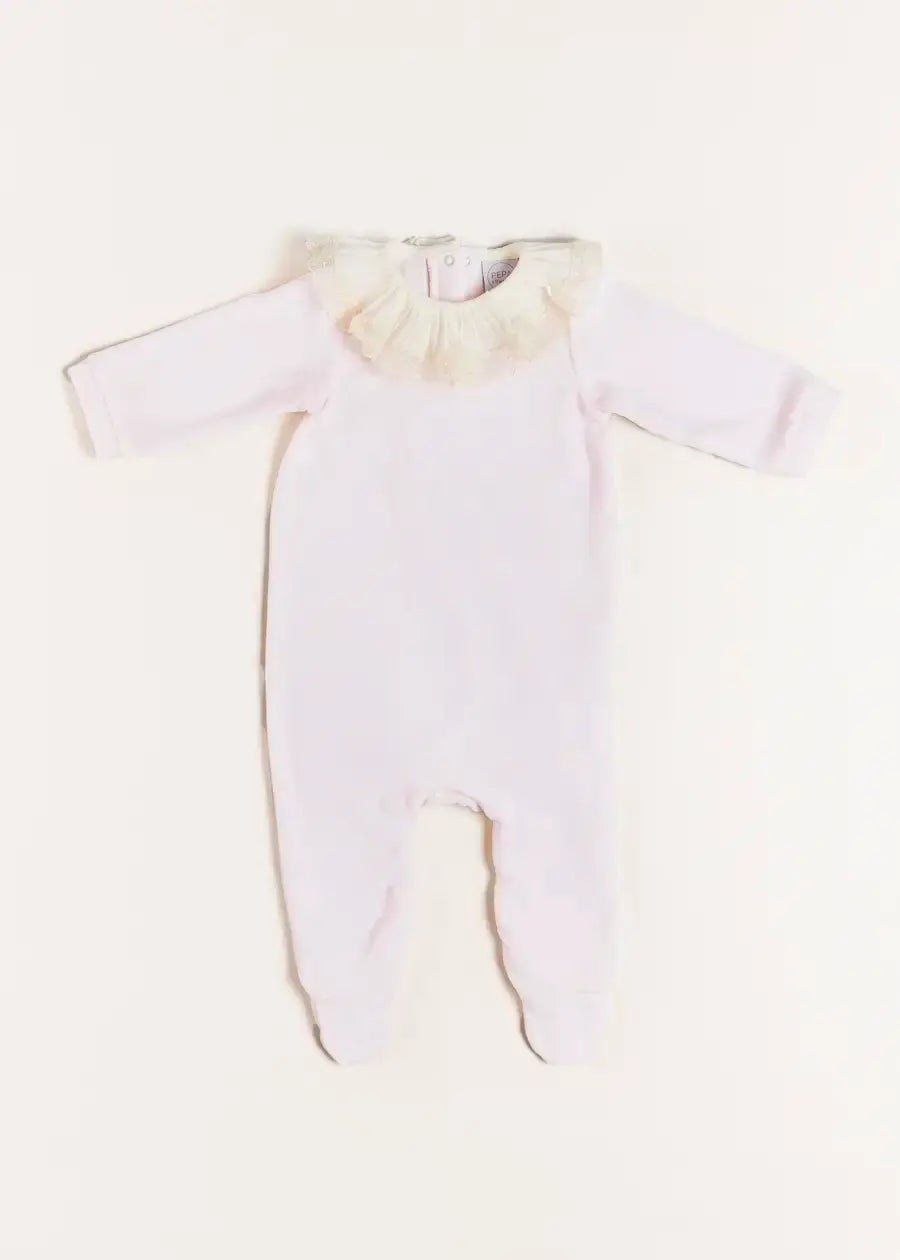 Velour Lace Trim Collar All-In-One in Pink (1mth-12mths) Baby One-Pieces  from Pepa London US