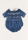 Handsmocked Peter Pan Collar Short Sleeve Romper in Royal Blue (6mths-2yrs) Rompers  from Pepa London US