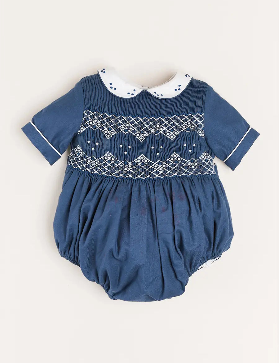 Hand Smocked Peter Pan Collar Short Sleeve Romper in Royal Blue (6mths-2yrs) Rompers from Pepa London US