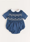 Hand Smocked Peter Pan Collar Short Sleeve Romper in Royal Blue (6mths-2yrs) Rompers  from Pepa London US