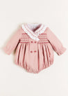 Handsmocked Double Breasted Long Sleeve Romper in Pink (6mths-2yrs) Rompers  from Pepa London US