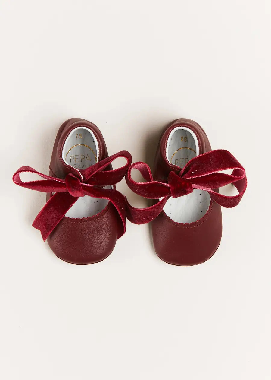 Leather Velvet Ribbon Pram Shoes in Burgundy (17-20EU) Shoes  from Pepa London US