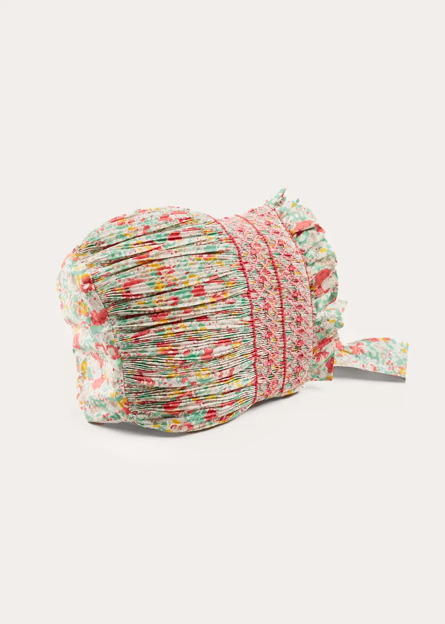 Clementine Floral Hand Smocked Bonnet in Coral (S-M) BONNETS from Pepa London US