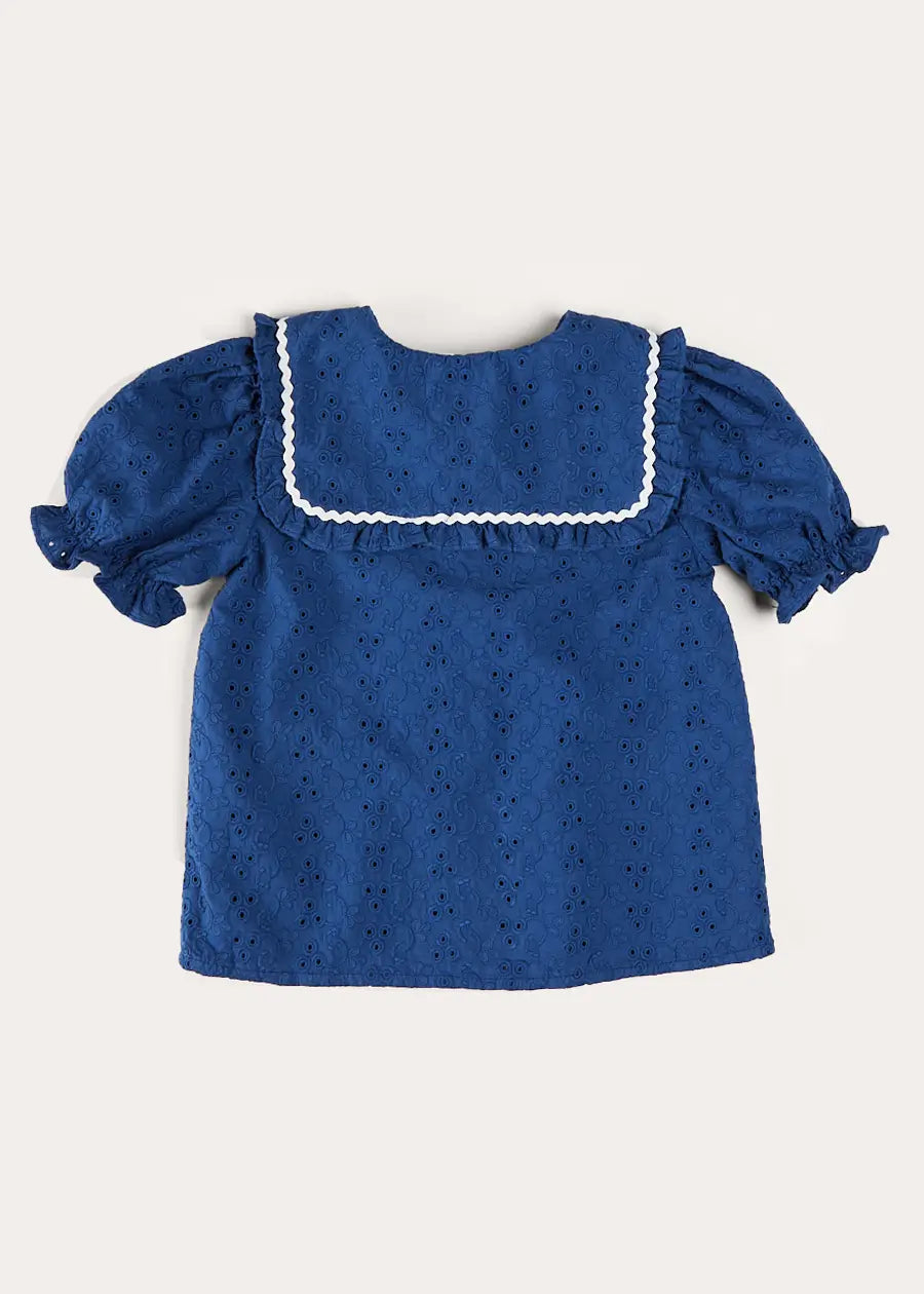 Broderie Anglaise Statement Collar Short Sleeve Blouse in Blue (4-12yrs) BLOUSES from Pepa London US