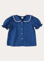 Broderie Anglaise Statement Collar Short Sleeve Blouse in Blue (4-12yrs) BLOUSES from Pepa London US