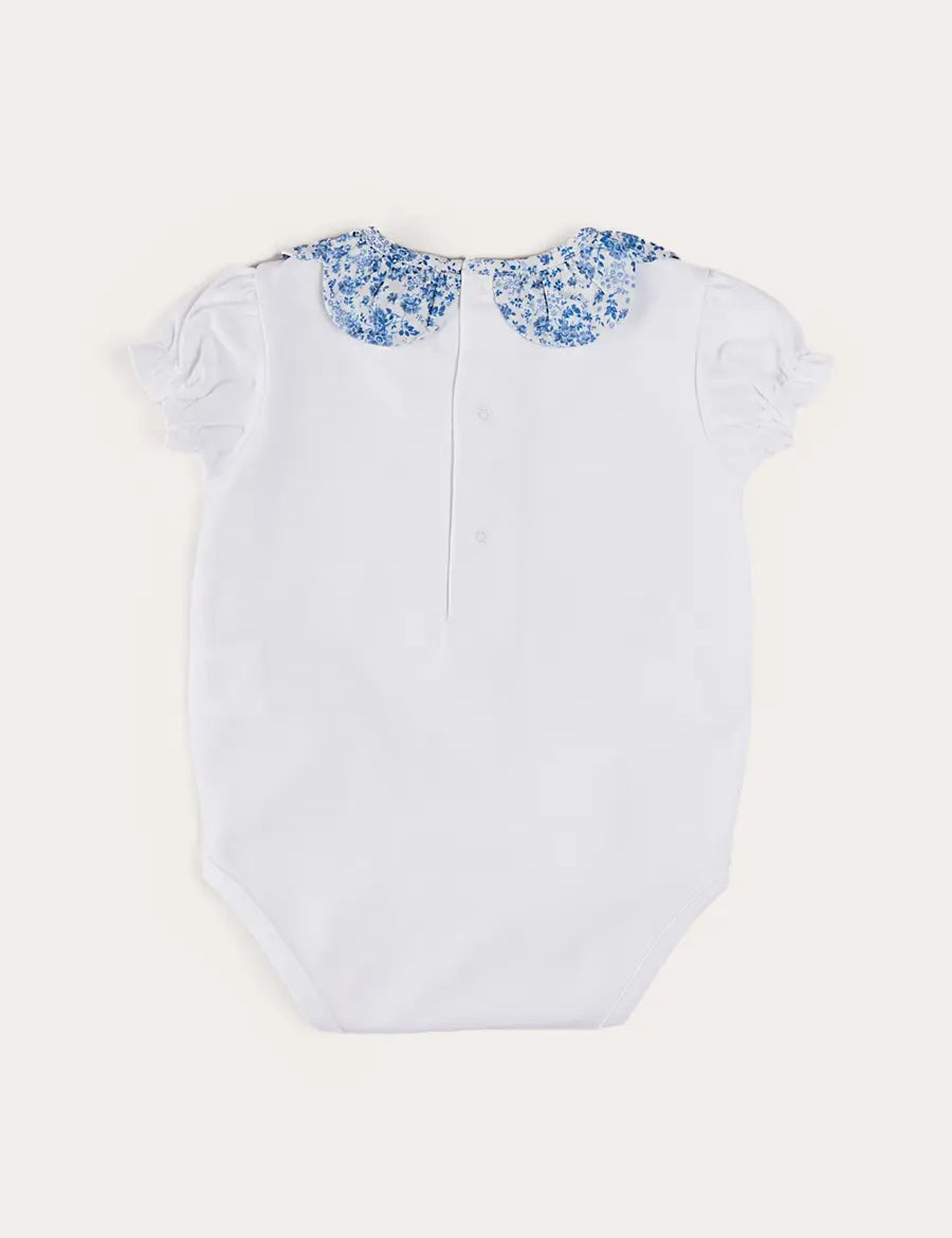 Charlotte Floral Scallop Collar Short Sleeve Bodysuit in Blue (1mth-2yrs) TOPS & BODYSUITS from Pepa London US