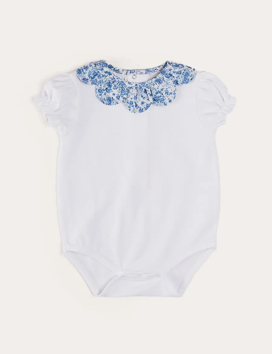 Charlotte Floral Scallop Collar Short Sleeve Bodysuit in Blue (1mth-2yrs) TOPS & BODYSUITS from Pepa London US