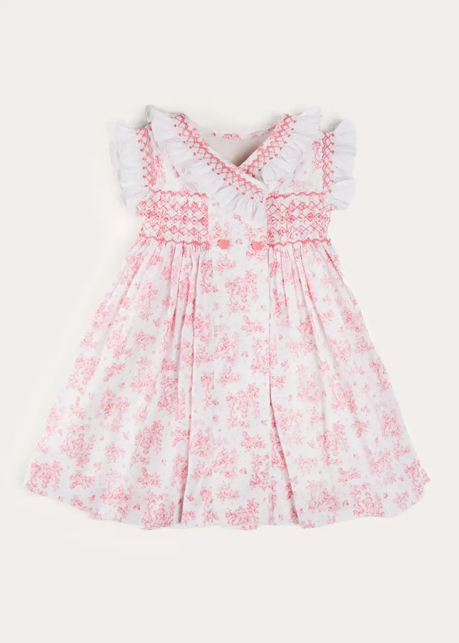 Audrey Toile Hand Smocked Double Breasted Sleeveless Dress in Pink (12mths-10yrs) DRESSES from Pepa London US