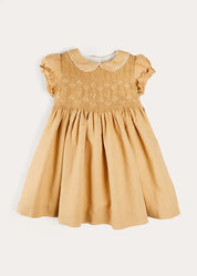 Hand Smocked Peter Pan Collar Short Sleeve Dress in Beige (12mths-10yrs) DRESSES from Pepa London US